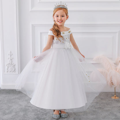 Ball Gown Off-the-Shoulder Short Sleeves Flower Girl Dresses with Bow Knot