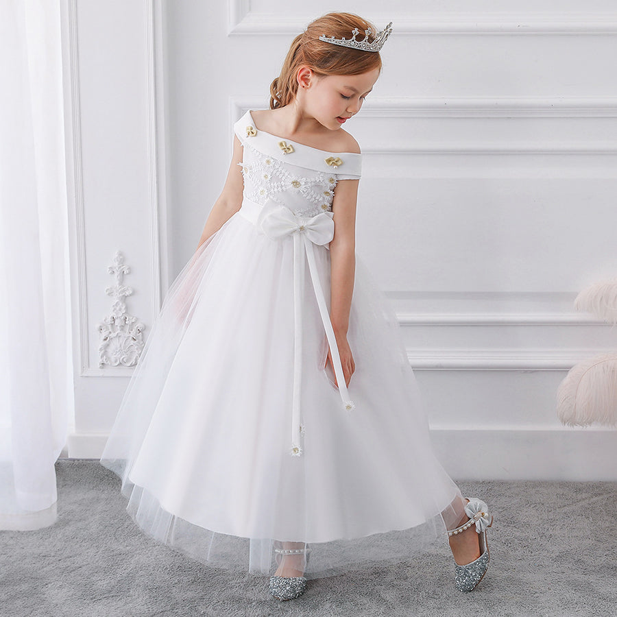 Ball Gown Off-the-Shoulder Short Sleeves Flower Girl Dresses with Bow Knot