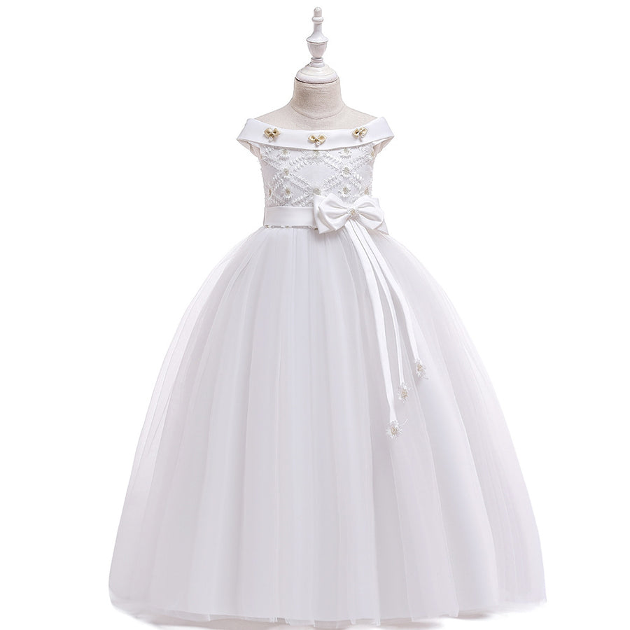 Ball Gown Off-the-Shoulder Short Sleeves Flower Girl Dresses with Bow Knot