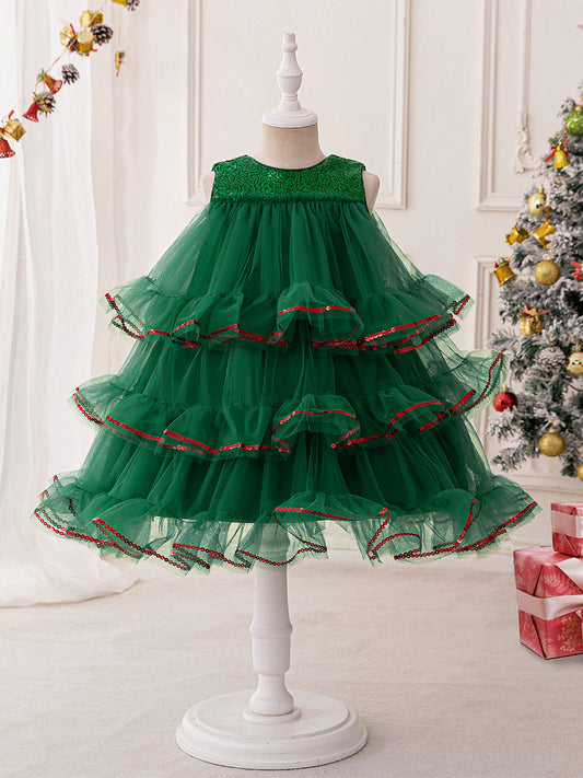 Tiered Ball Gown Scoop Sleeveless Christmas Dresses for Girls