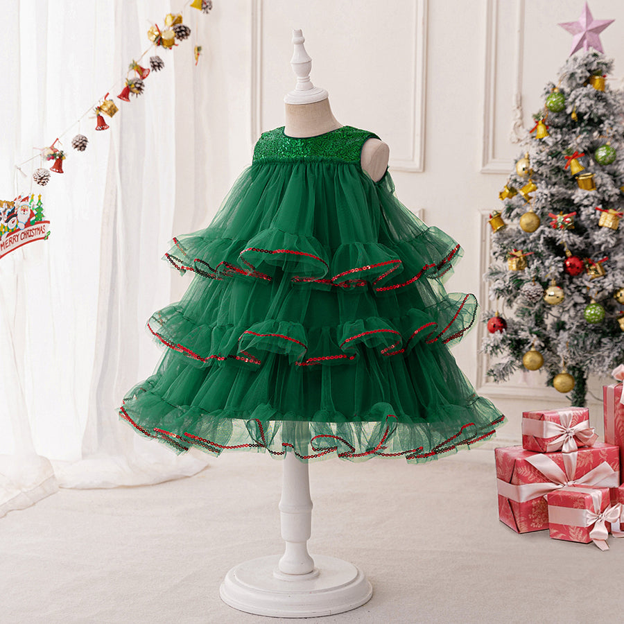 Tiered Ball Gown Scoop Sleeveless Christmas Dresses for Girls