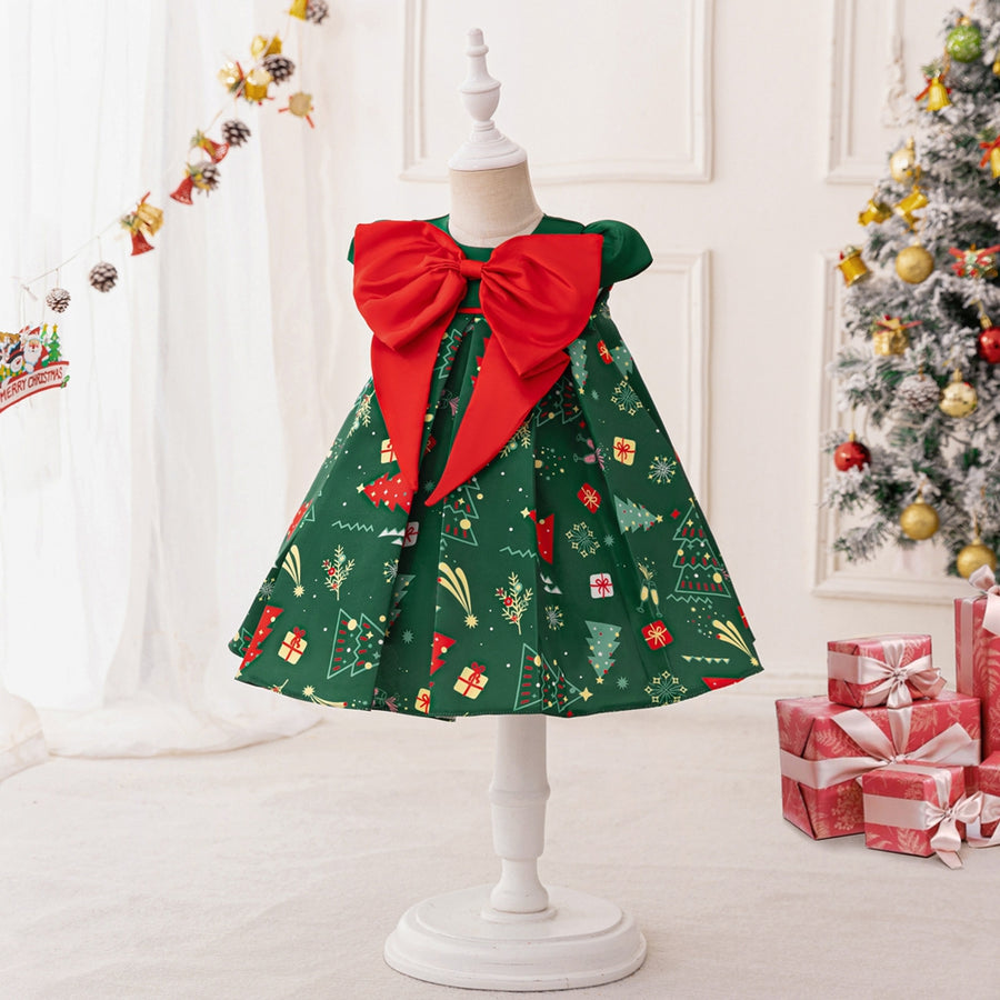 Ball Gown Scoop Puff Sleeves Bow Christmas Dresses for Girls