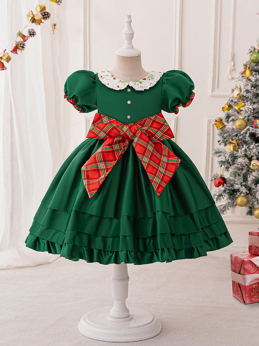 A-Line/Princess Scoop Puff Sleeves Tiered Christmas Dresses for Girls