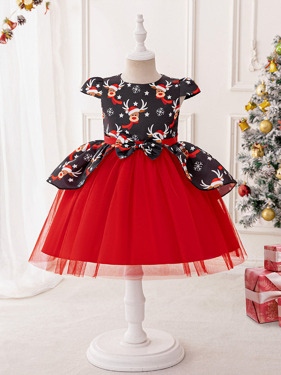 A-Line/Princess Scoop Puff Sleeves Christmas Dresses for Girls