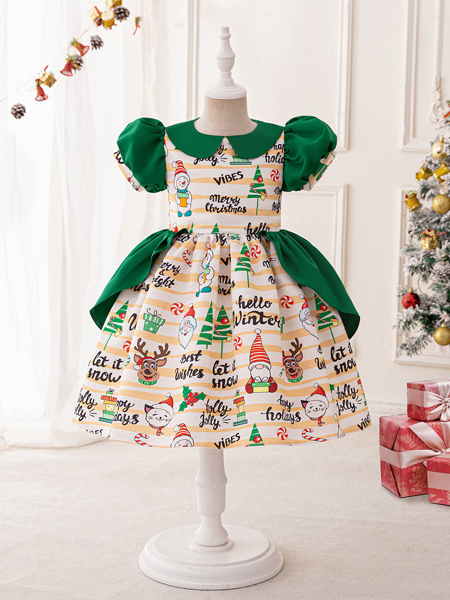 A-Line/Princess Scoop Puff Sleeves Ruched Christmas Dresses for Girls