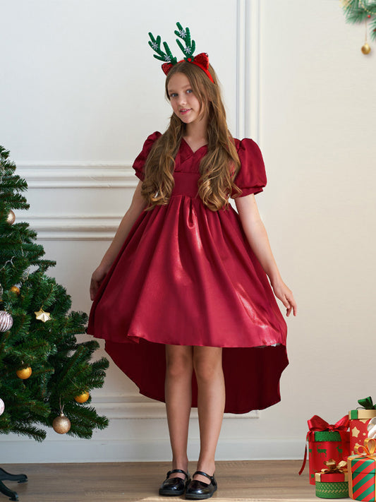 A-Line/Princess V-Neck Short Sleeves Ruched Christmas Dresses for Girls