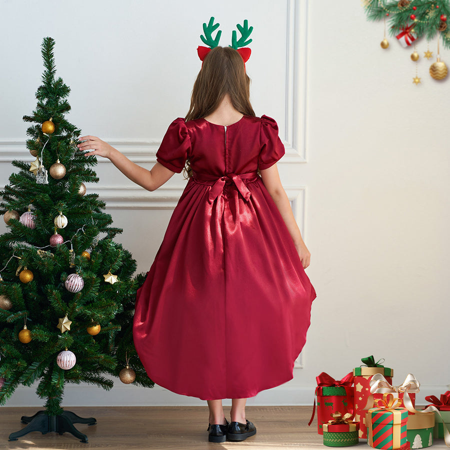 A-Line/Princess V-Neck Short Sleeves Ruched Christmas Dresses for Girls