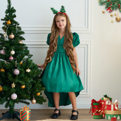 A-Line/Princess V-Neck Short Sleeves Ruched Christmas Dresses for Girls