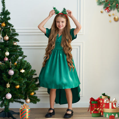 A-Line/Princess V-Neck Short Sleeves Ruched Christmas Dresses for Girls