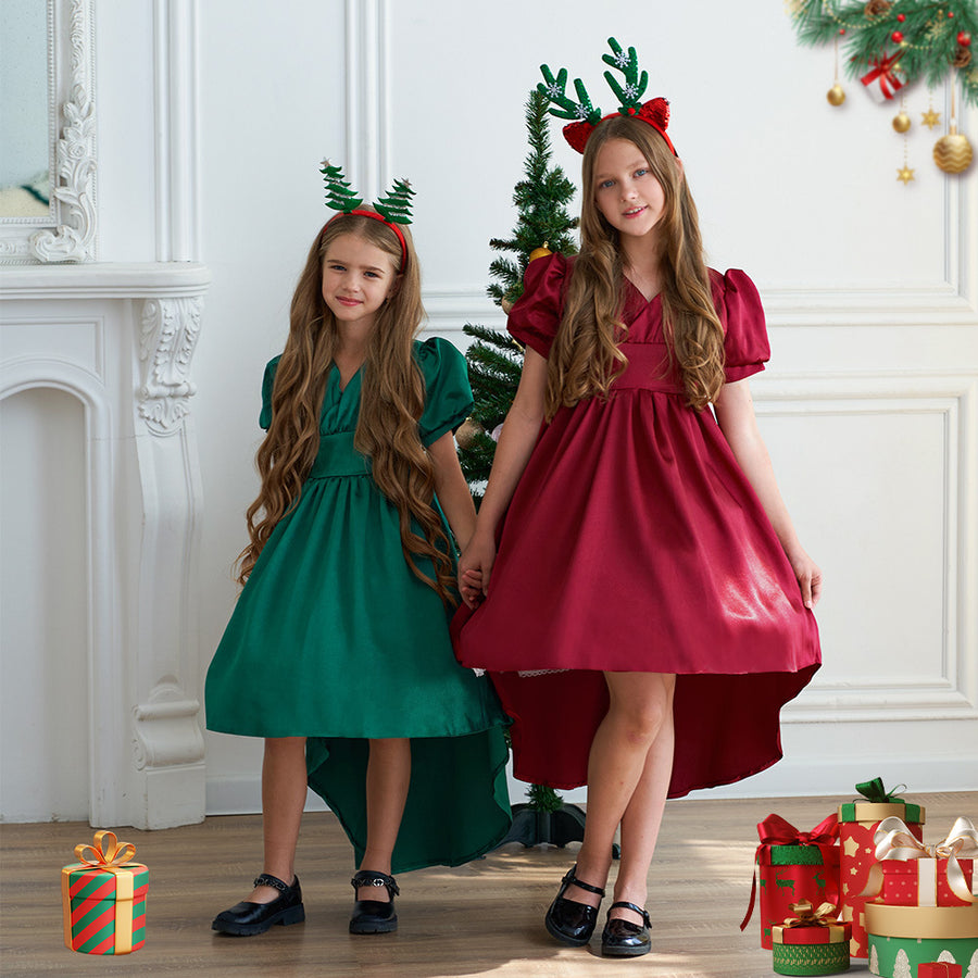 A-Line/Princess V-Neck Short Sleeves Ruched Christmas Dresses for Girls