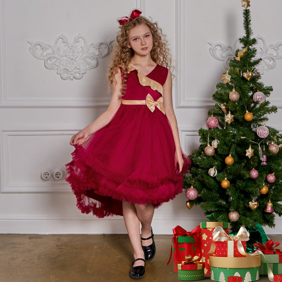 A-Line/Princess V-Neck Sleeveless Ruffled Christmas Dresses for Girls