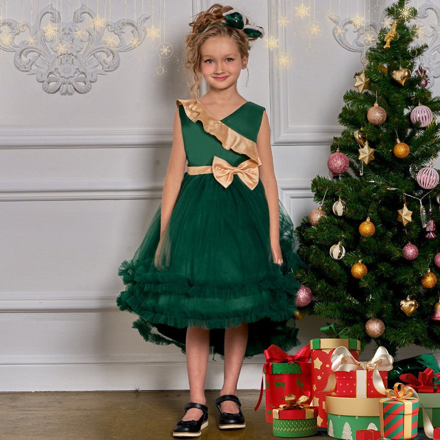 A-Line/Princess V-Neck Sleeveless Ruffled Christmas Dresses for Girls