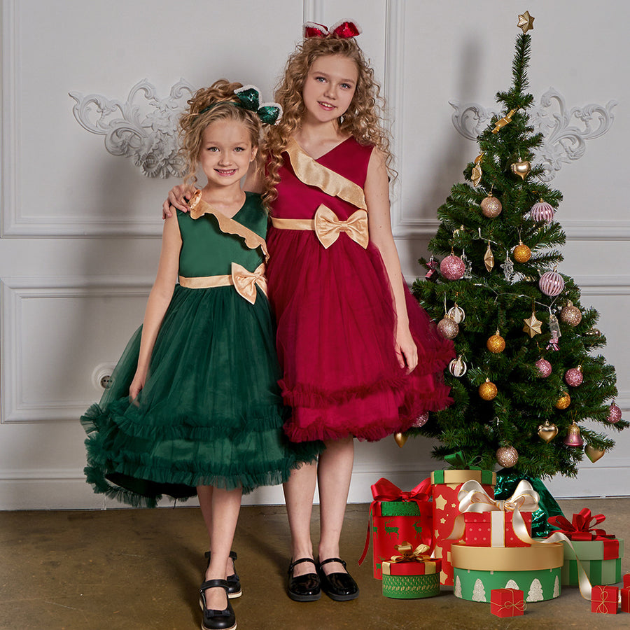 A-Line/Princess V-Neck Sleeveless Ruffled Christmas Dresses for Girls