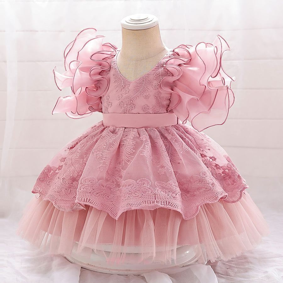 Ball Gown V-Neck Flying Sleeves Flower Girl Dresses with Applique