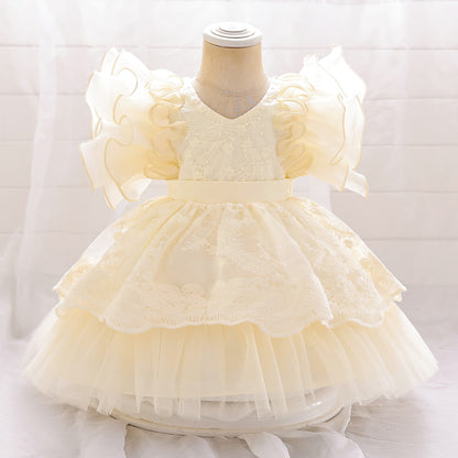 Ball Gown V-Neck Flying Sleeves Flower Girl Dresses with Applique