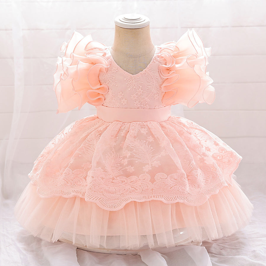 Ball Gown V-Neck Flying Sleeves Flower Girl Dresses with Applique