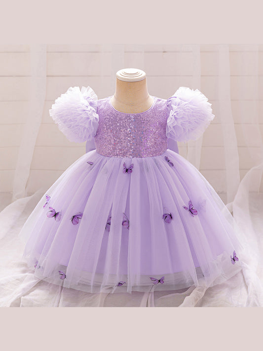 Ball Gown Scoop Puff Sleeves Flower Girl Dresses with Sequins