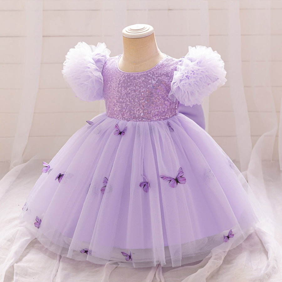 Ball Gown Scoop Puff Sleeves Flower Girl Dresses with Sequins