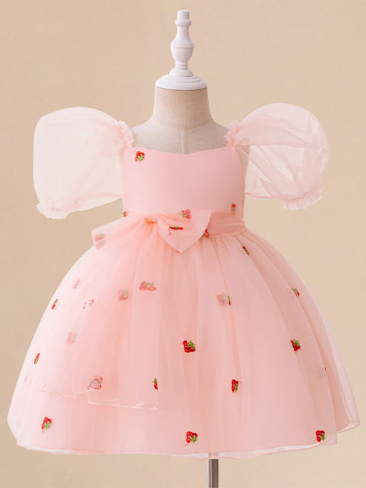 Ball Gown Scoop Puff Sleeves Flower Girl Dresses with Bow Knot