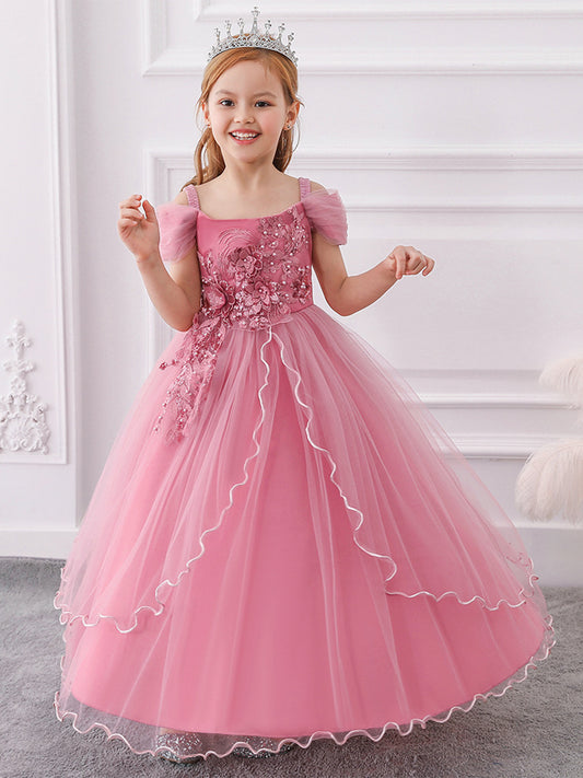 Ball Gown Cold Shoulder Short Sleeves Flower Girl Dresses with Beading