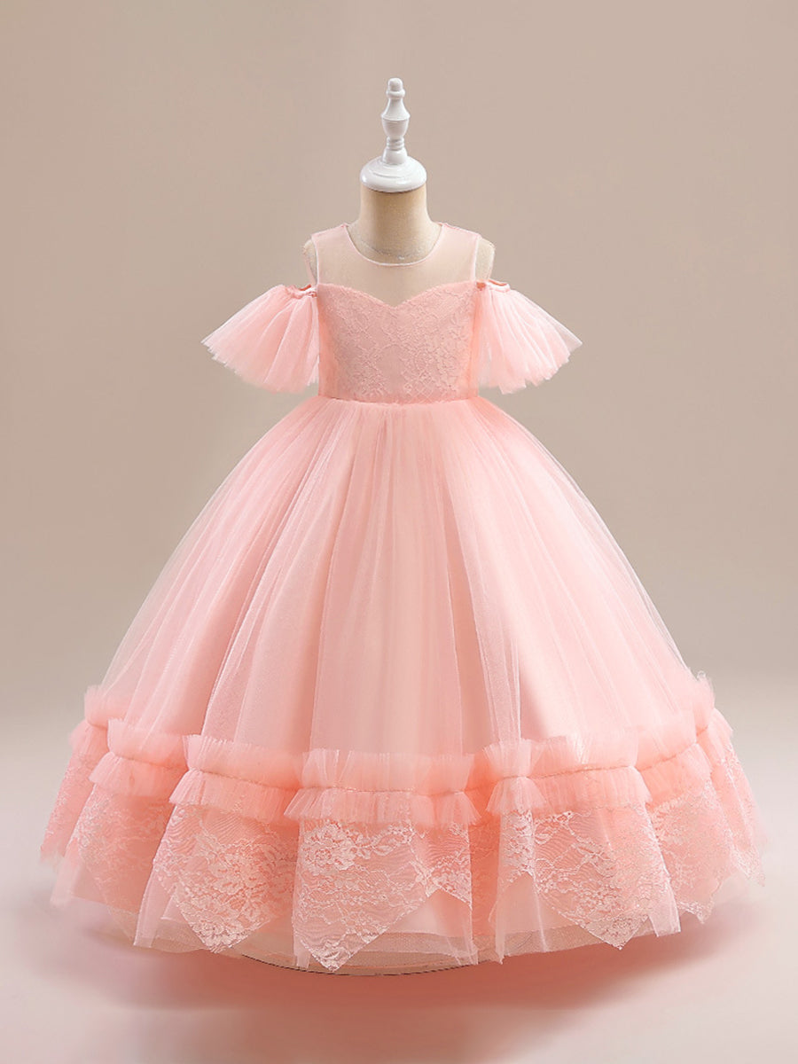 Ball Gown Cold Shoulder Short Sleeves Flower Girl Dresses with Applique