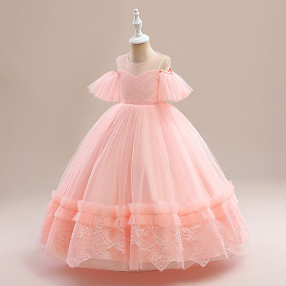 Ball Gown Cold Shoulder Short Sleeves Flower Girl Dresses with Applique