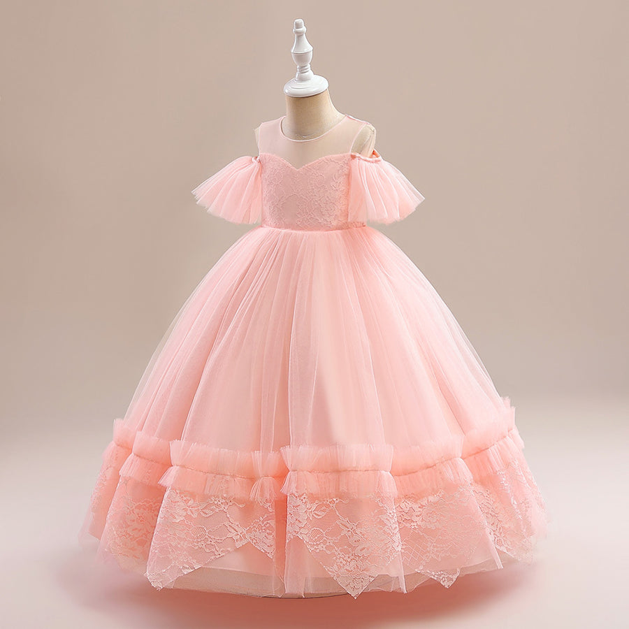 Ball Gown Cold Shoulder Short Sleeves Flower Girl Dresses with Applique