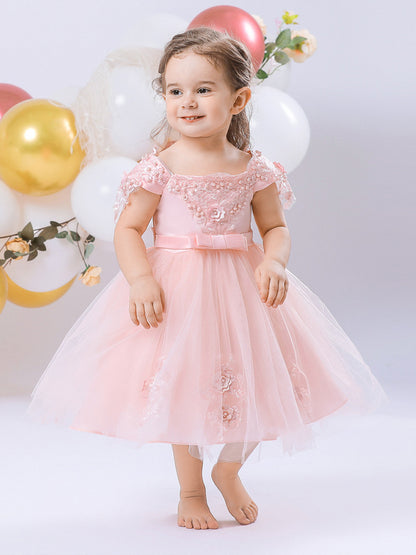 Ball Gown Scoop Short Sleeves Flower Girl Dresses with Bow Knot