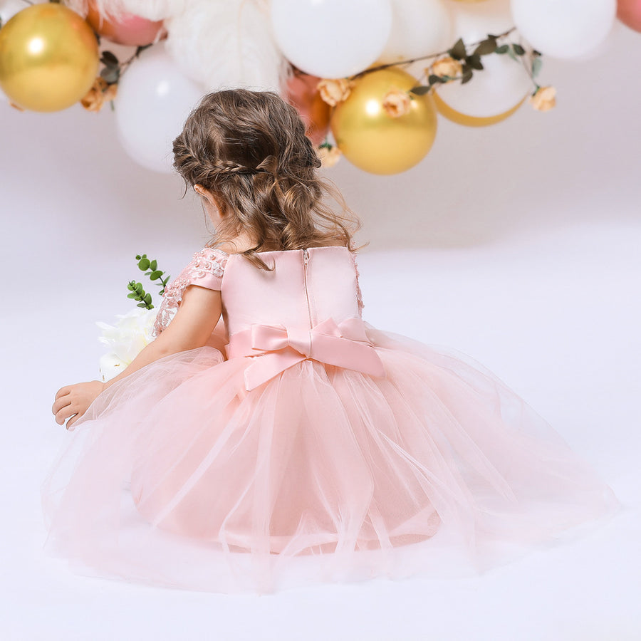 Ball Gown Scoop Short Sleeves Flower Girl Dresses with Bow Knot