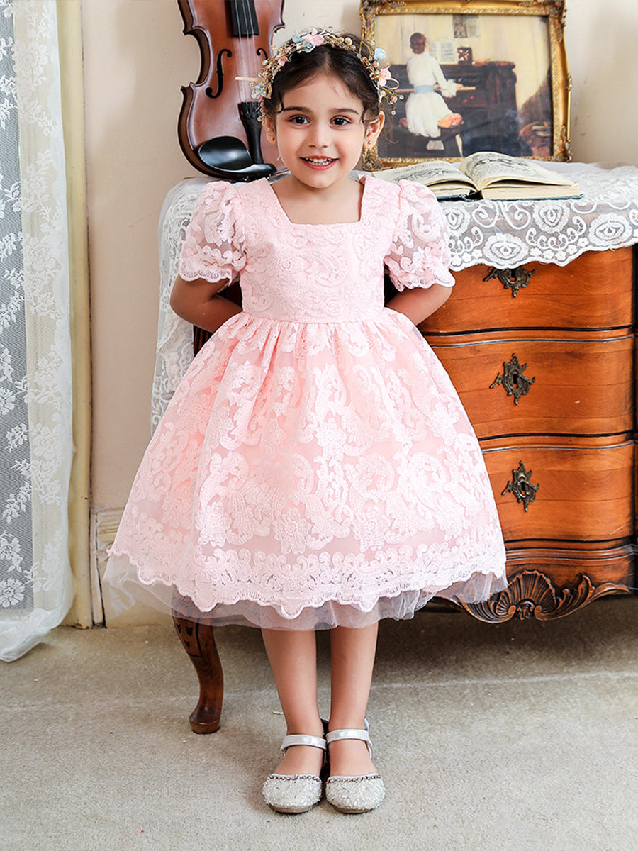 Ball Gown Square Neck Tulle Flower Girl Dresses with Lace