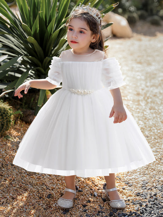 Ball Gown Cold Shoulder Half Sleeves Flower Girl Dresses with Sash