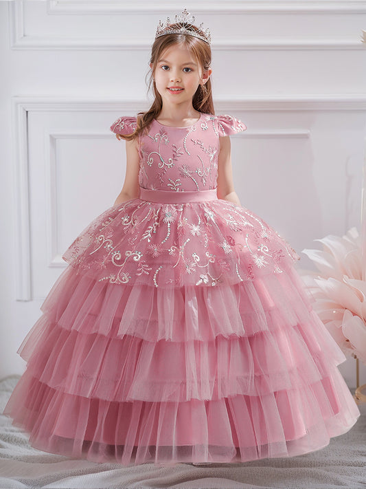 Ball Gown Scoop Puff Sleeves Flower Girl Dresses with Tiered