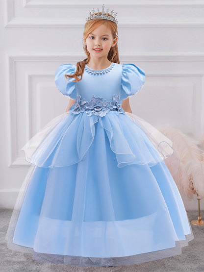 Ball Gown Scoop Puff Sleeves Flower Girl Dresses with Solid Flowers