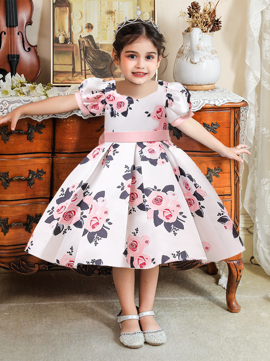 Ball Gown V-Neck Puff Sleeves Flower Girl Dresses with Ruched