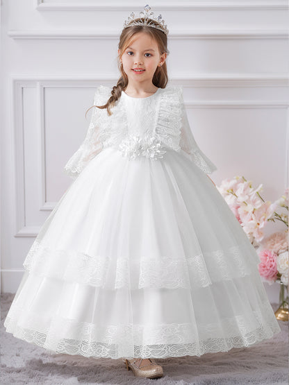 Ball Gown Scoop 3/4 Sleeves Flower Girl Dresses with Ruched