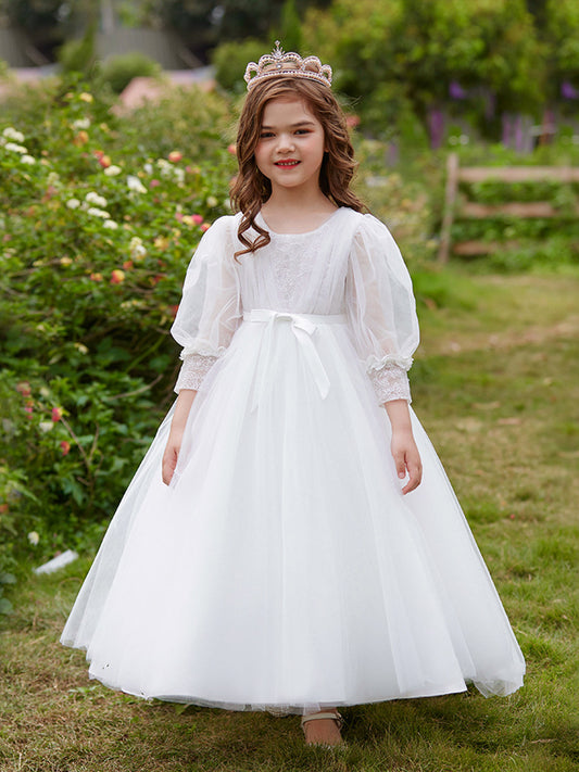 Ball Gown Scoop 3/4 Sleeves Flower Girl Dresses with Lace