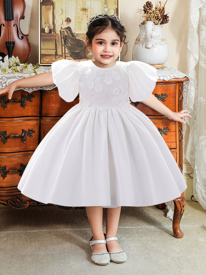 Ball Gown Scoop Puff Sleeves Flower Girl Dresses with Solid Flowers