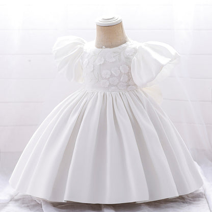 Ball Gown Scoop Puff Sleeves Flower Girl Dresses with Solid Flowers