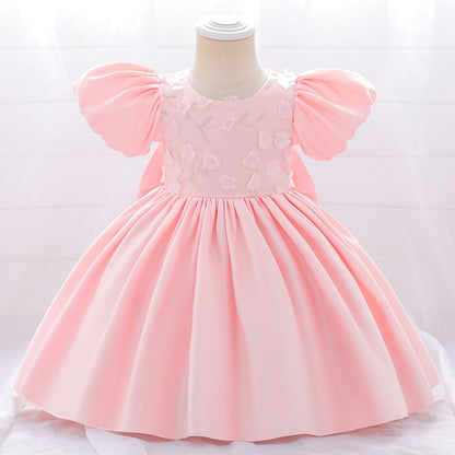 Ball Gown Scoop Puff Sleeves Flower Girl Dresses with Solid Flowers