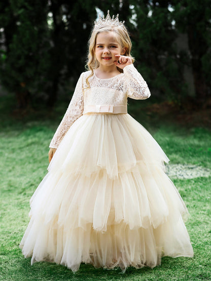 Ball Gown Scoop Long Sleeves Flower Girl Dresses with Tiered