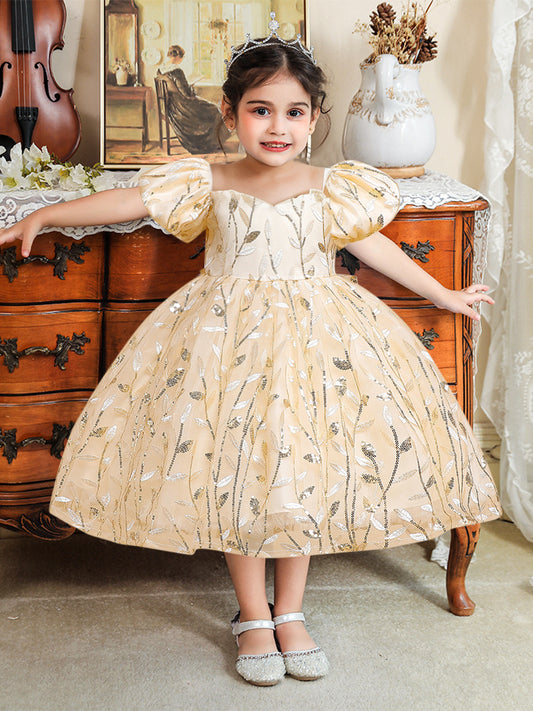 Ball Gown Scoop Puff Sleeves Flower Girl Dresses with Sequins