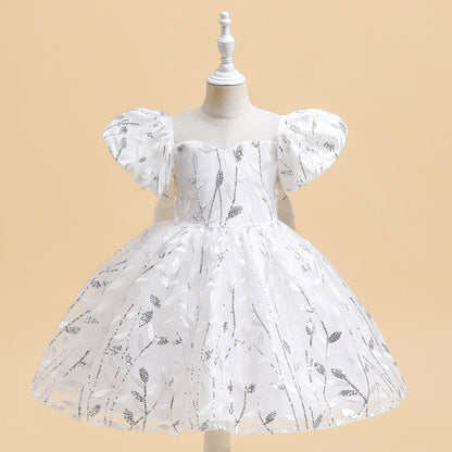 Ball Gown Scoop Puff Sleeves Flower Girl Dresses with Sequins