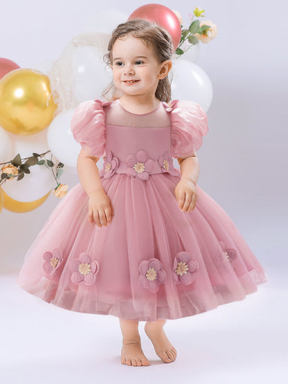 Ball Gown Scoop Puff Sleeves Flower Girl Dresses with Solid Flowers