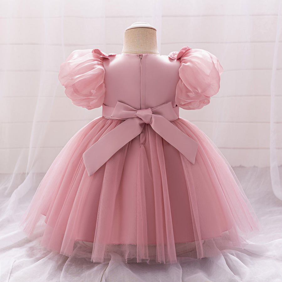 Ball Gown Scoop Puff Sleeves Flower Girl Dresses with Solid Flowers