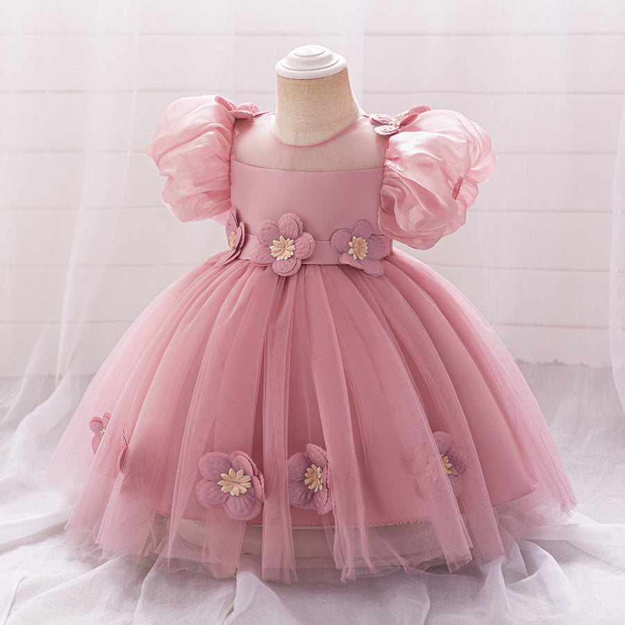 Ball Gown Scoop Puff Sleeves Flower Girl Dresses with Solid Flowers