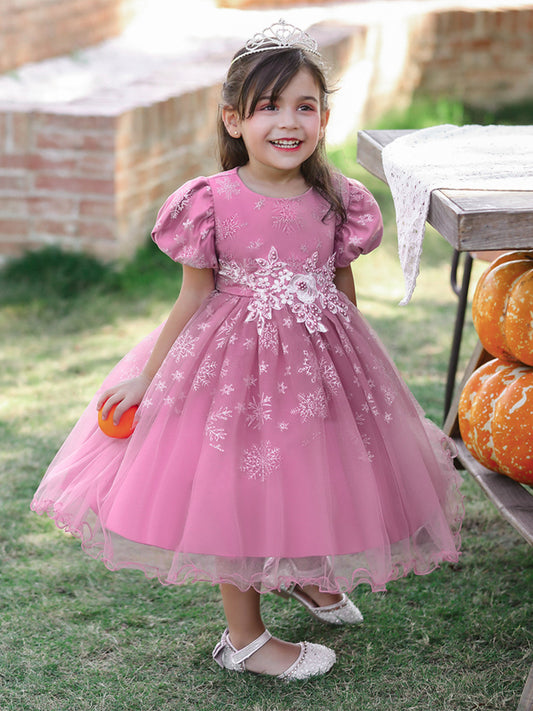 Ball Gown Scoop Puff Sleeves Flower Girl Dresses with Beading