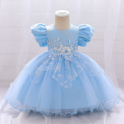 Ball Gown Scoop Puff Sleeves Flower Girl Dresses with Beading