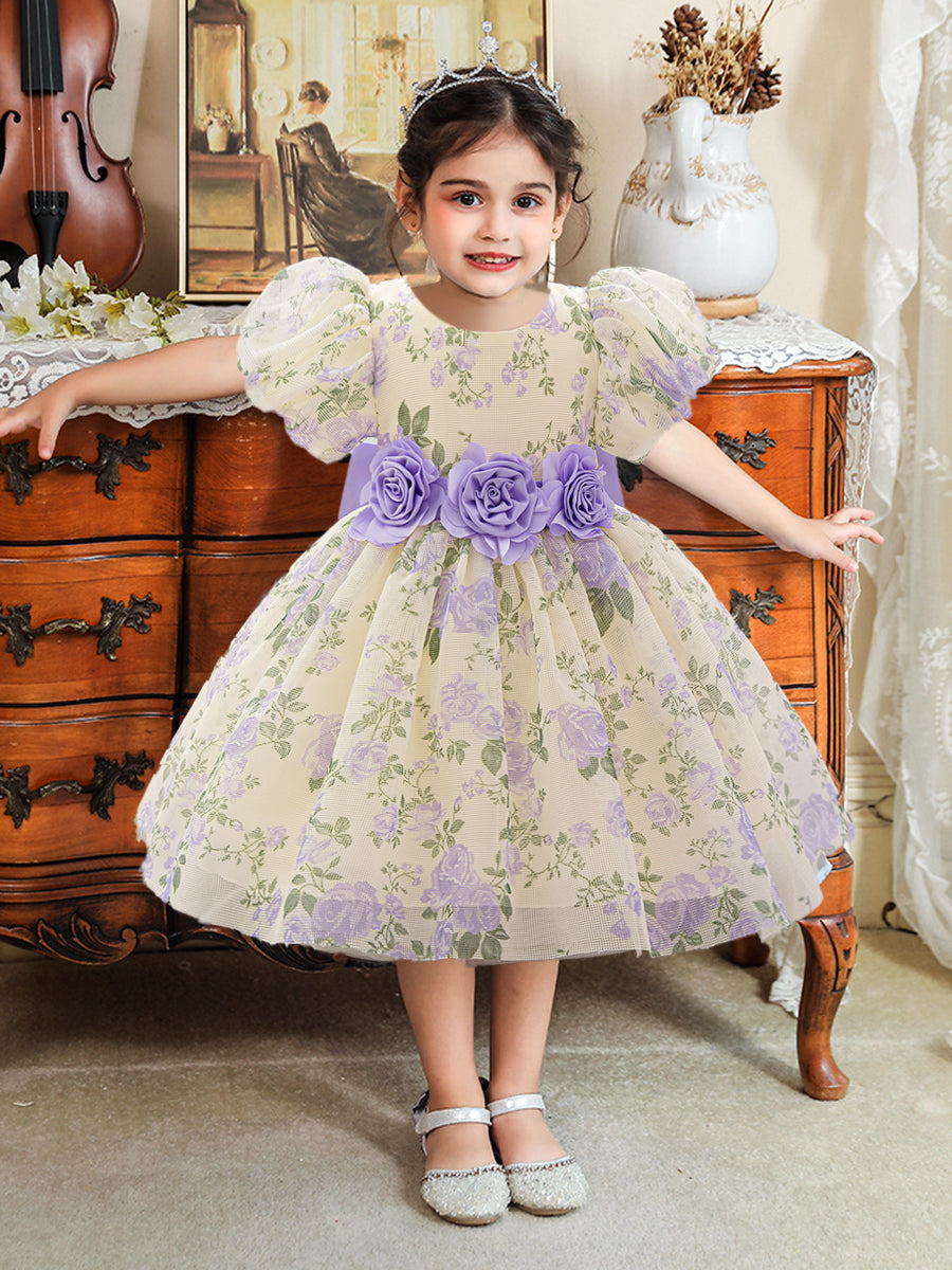 Ball Gown Scoop Puff Sleeves Flower Girl Dresses with Solid Flowers