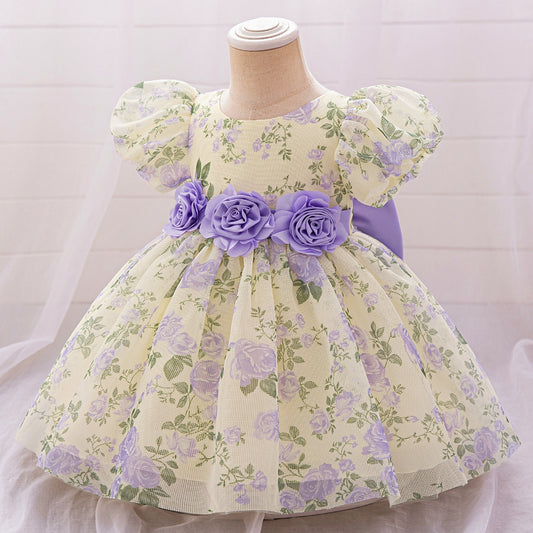 Ball Gown Scoop Puff Sleeves Flower Girl Dresses with Solid Flowers