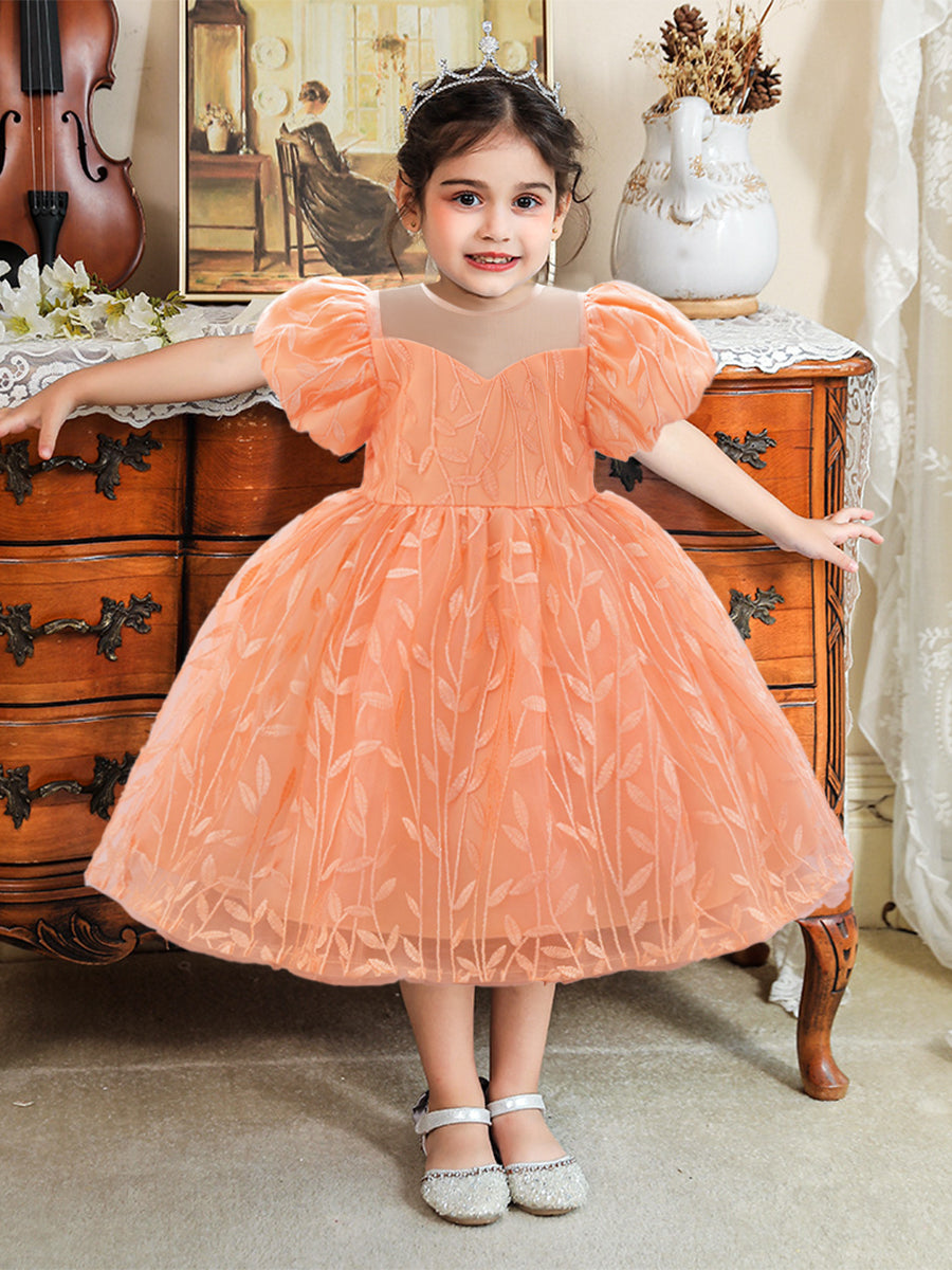 Ball Gown Scoop Puff Sleeves Flower Girl Dresses with Lace